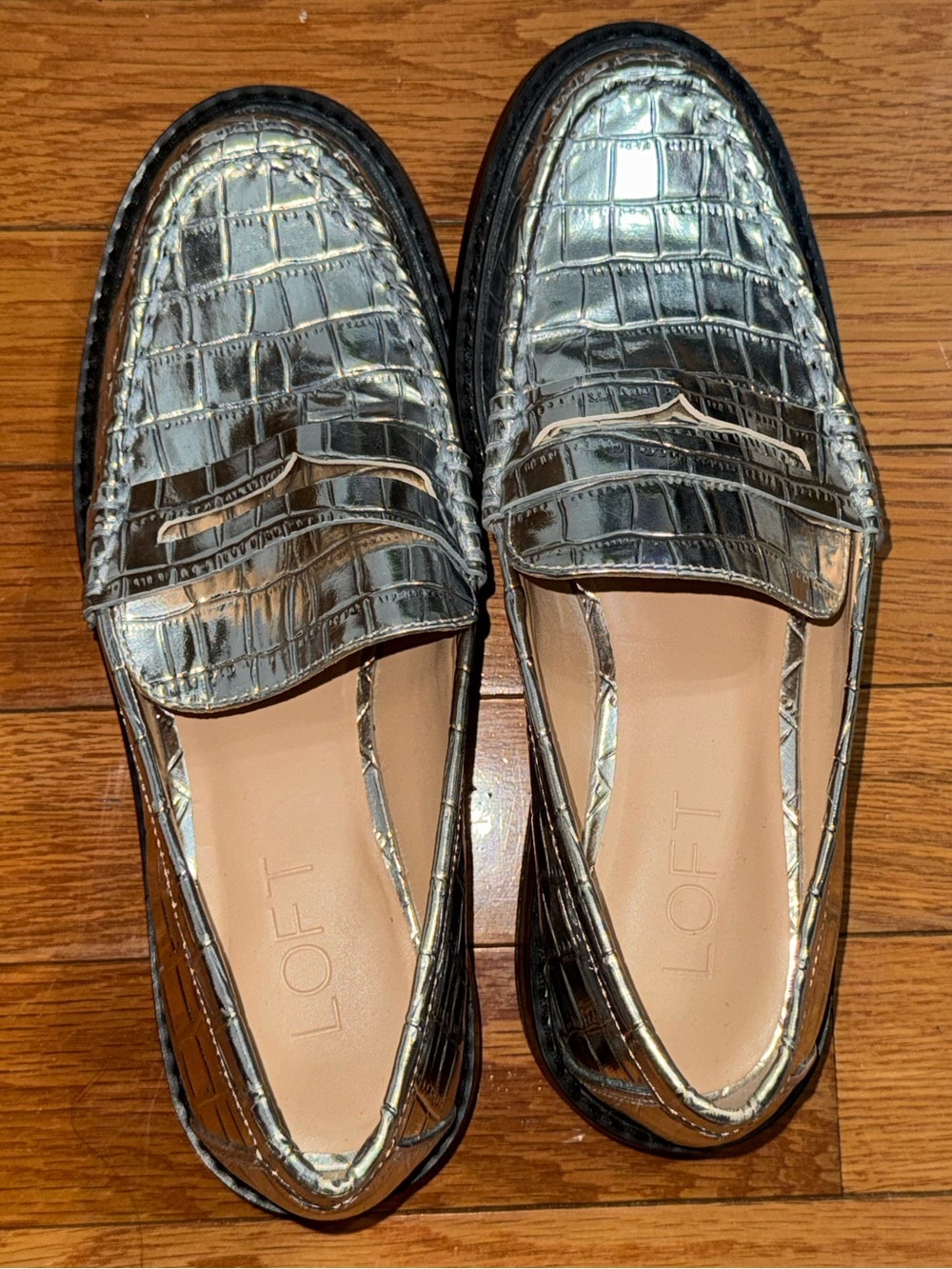 LOFT Metallic Silver Croc-Embossed Penny Loafers